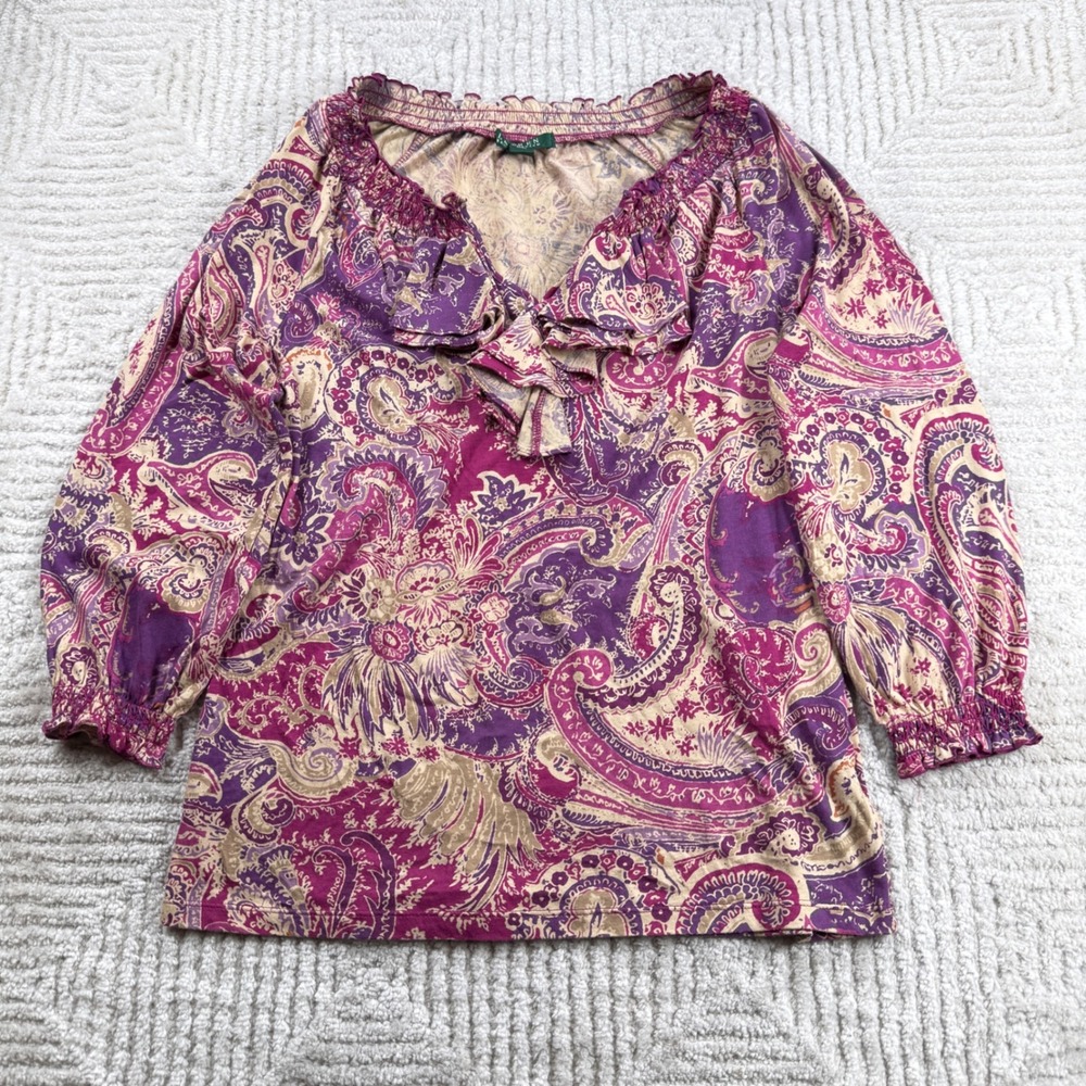 Lauren Ralph Lauren Paisley Ruffle Top Womens S Purple Boho VTG Y2K Tuscan Chic